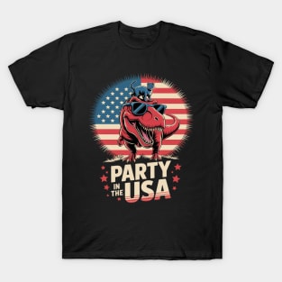 Cat Riding T Rex Dinosaur Party In The USA 4th Of July T-Shirt